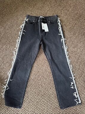 Milly Black Straight-Leg Jeans with White Fringe Trim